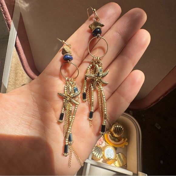 Gold and Blue Beachy Starfish Dangle Earrings - Picture 1 of 5